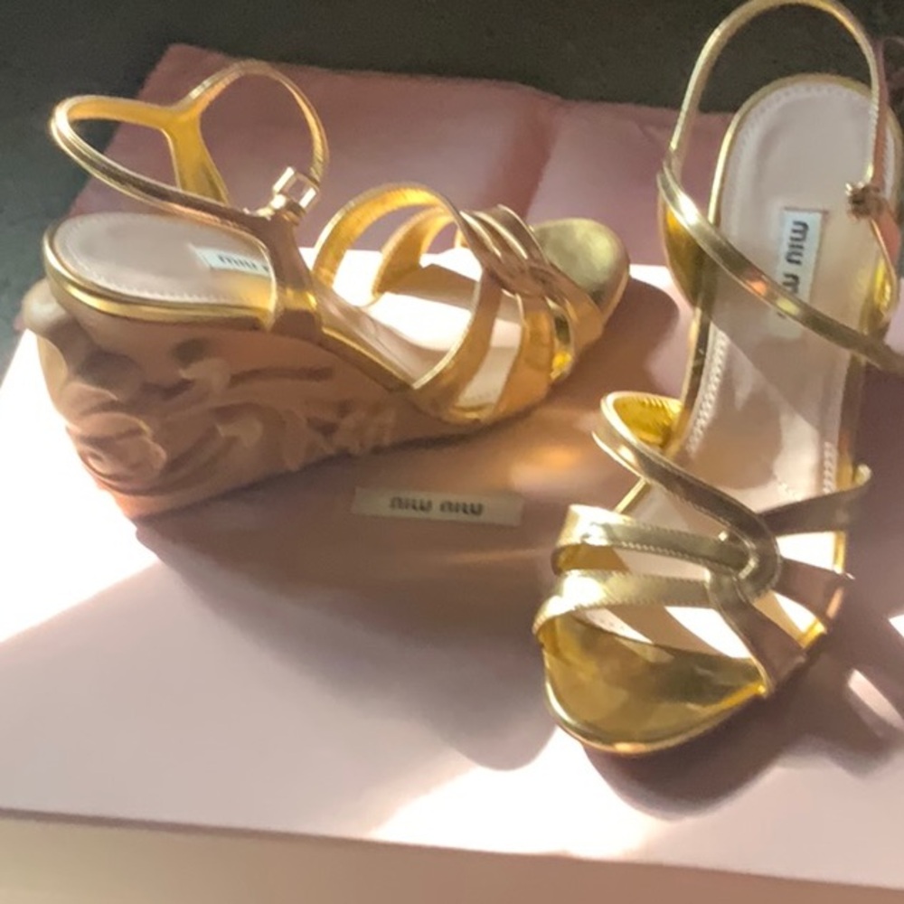 Miu Miu Gold Wedge Sandals with Metallic Straps